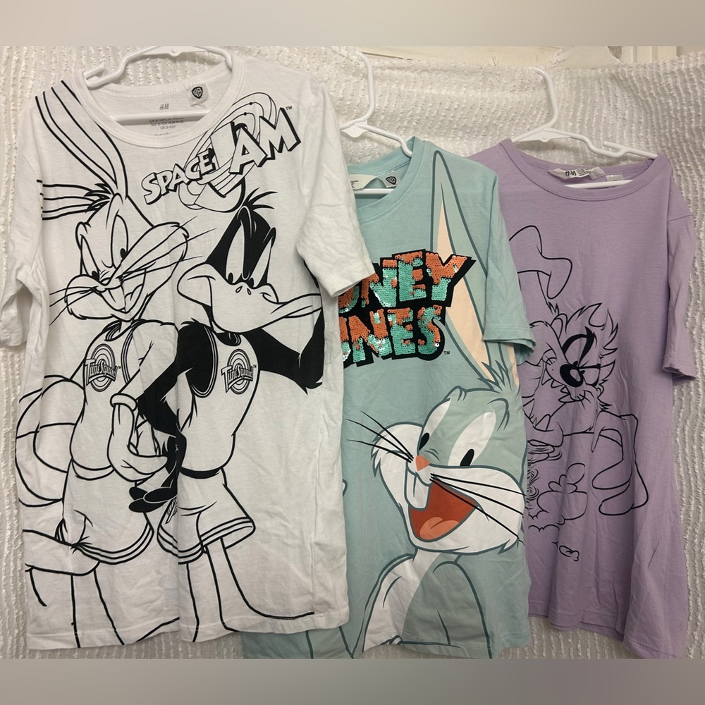 H&M Kids Looney Tunes Trio Graphic Tees - White, Mint, Lilac